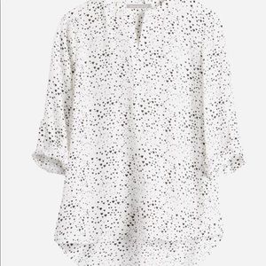 Daniel Rainn Koda split neck blouse, white with black heart print blouse.
